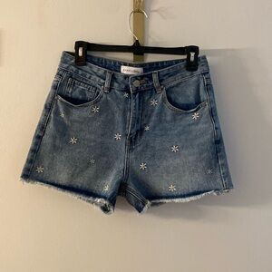 Khaki & Blue High Waisted Daisy Denim Shorts
